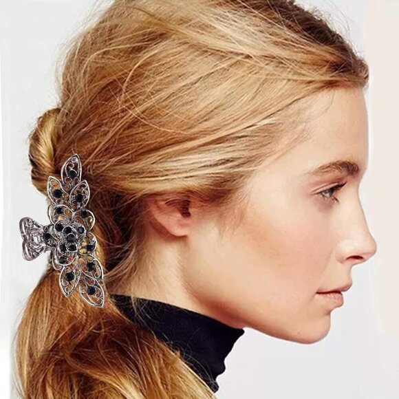 Vintage Rhinestone Flower Hair Claw Clip Navy Blue Thick Hair Accessories - Picture 3 of 7